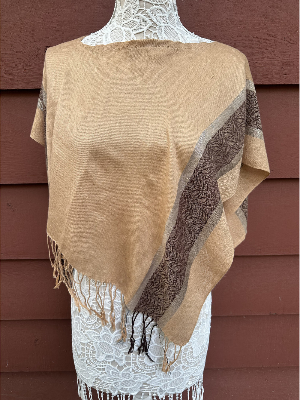 Boho Tan and Brown Fringe Poncho with Cutout and Woven Pattern